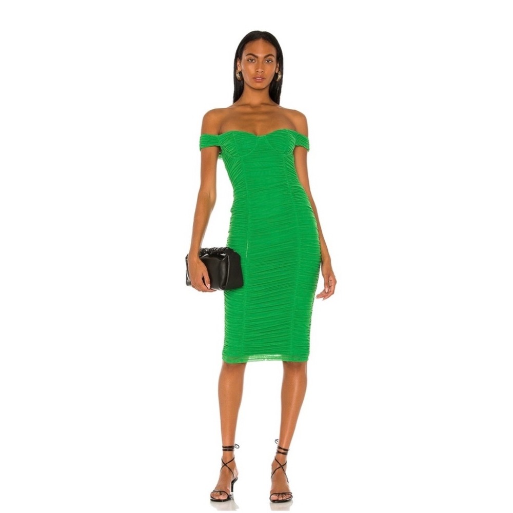 MAJORELLE Tabitha Kelly Green Midi Dress Off Shoulder Ruched Bodycon